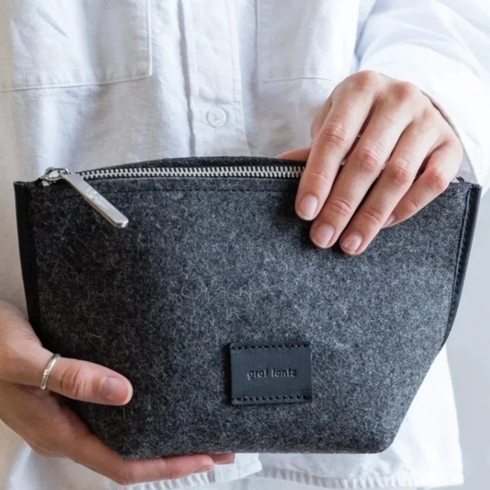 Graf Lantz Hana Merino Wool Pouch Charcoal Felt Bag Gray Leather Trim Makeup Bag